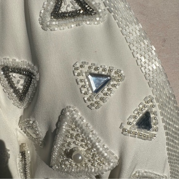 VTG Beaded Evening Jacket Heavily Embellished Winter White Pearl Triangle Sz 10 - Picture 10 of 16